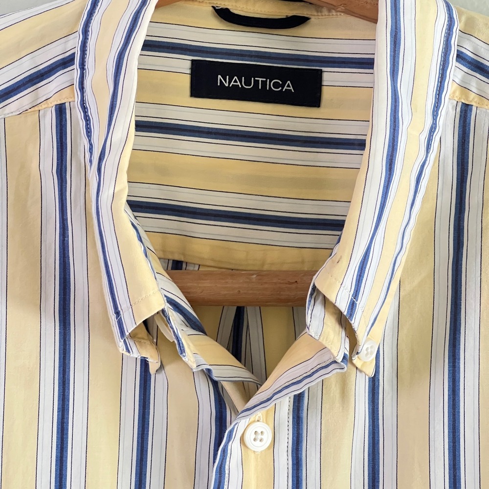 Nautica Short Sleeve Shirt Large Mens Striped Button Down Yellow Blue Nautical